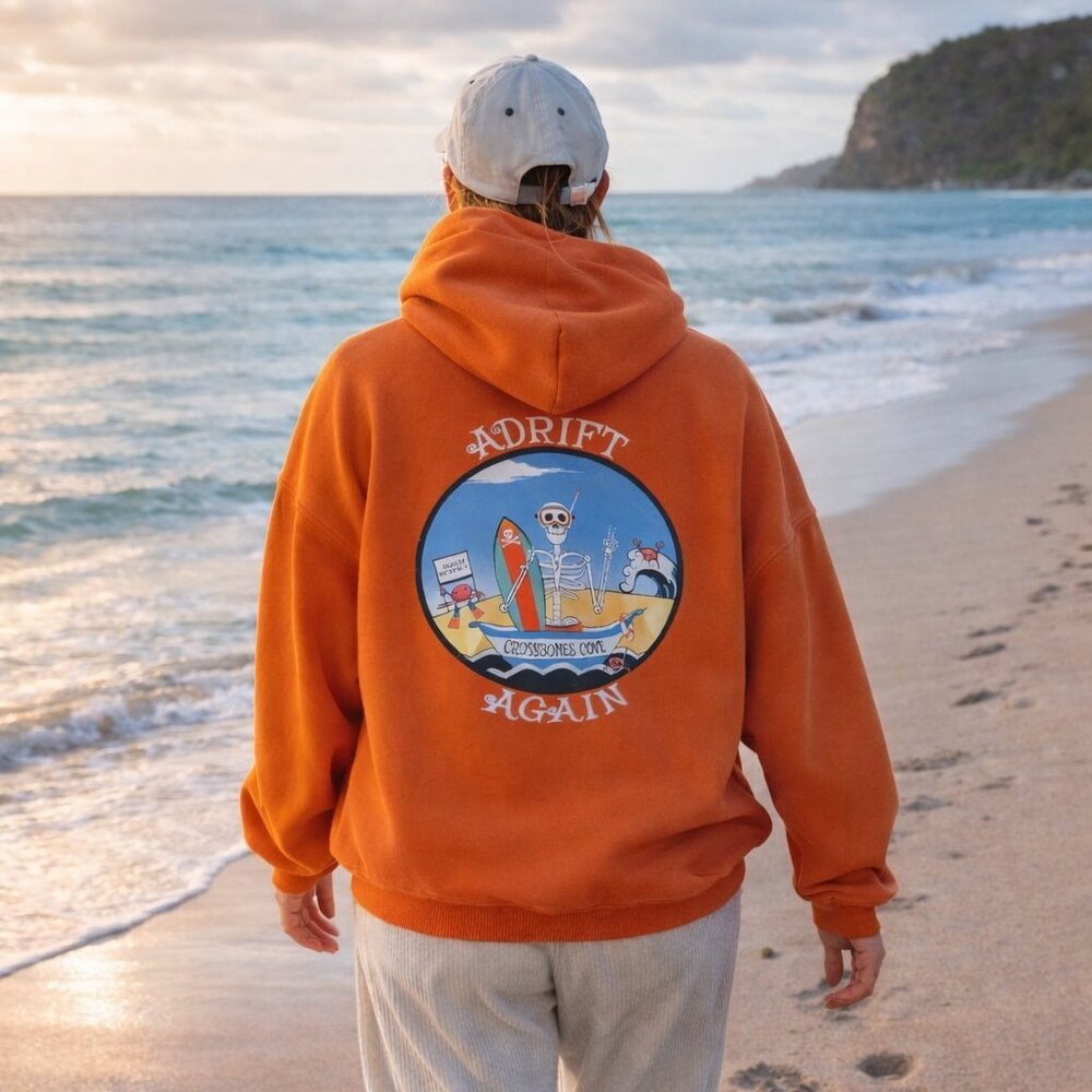 Adrift Again Vibrant Orange Hoodie | “Crossbones Cove” | XXL